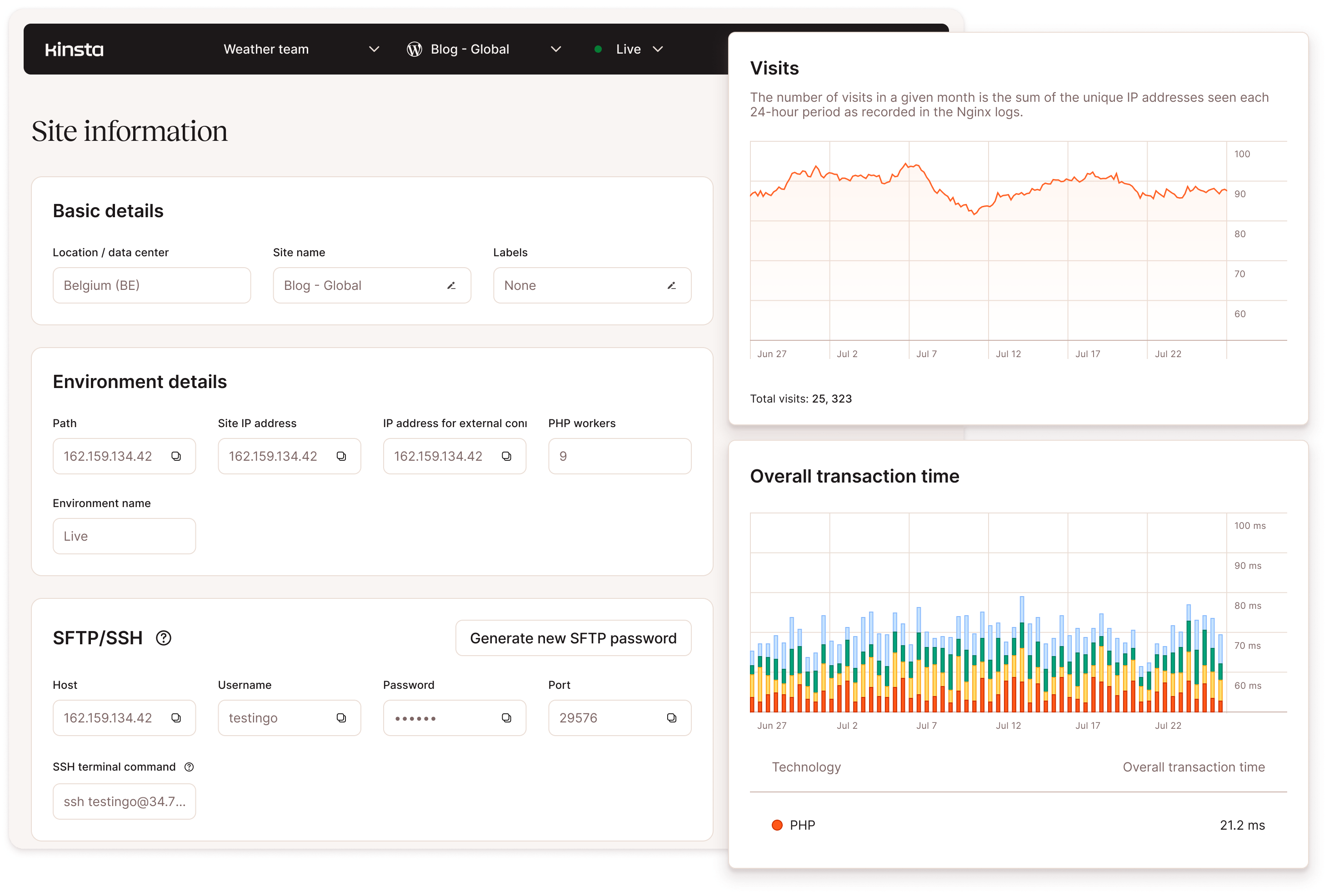 Screenshots showing the MyKinsta WordPress site management features