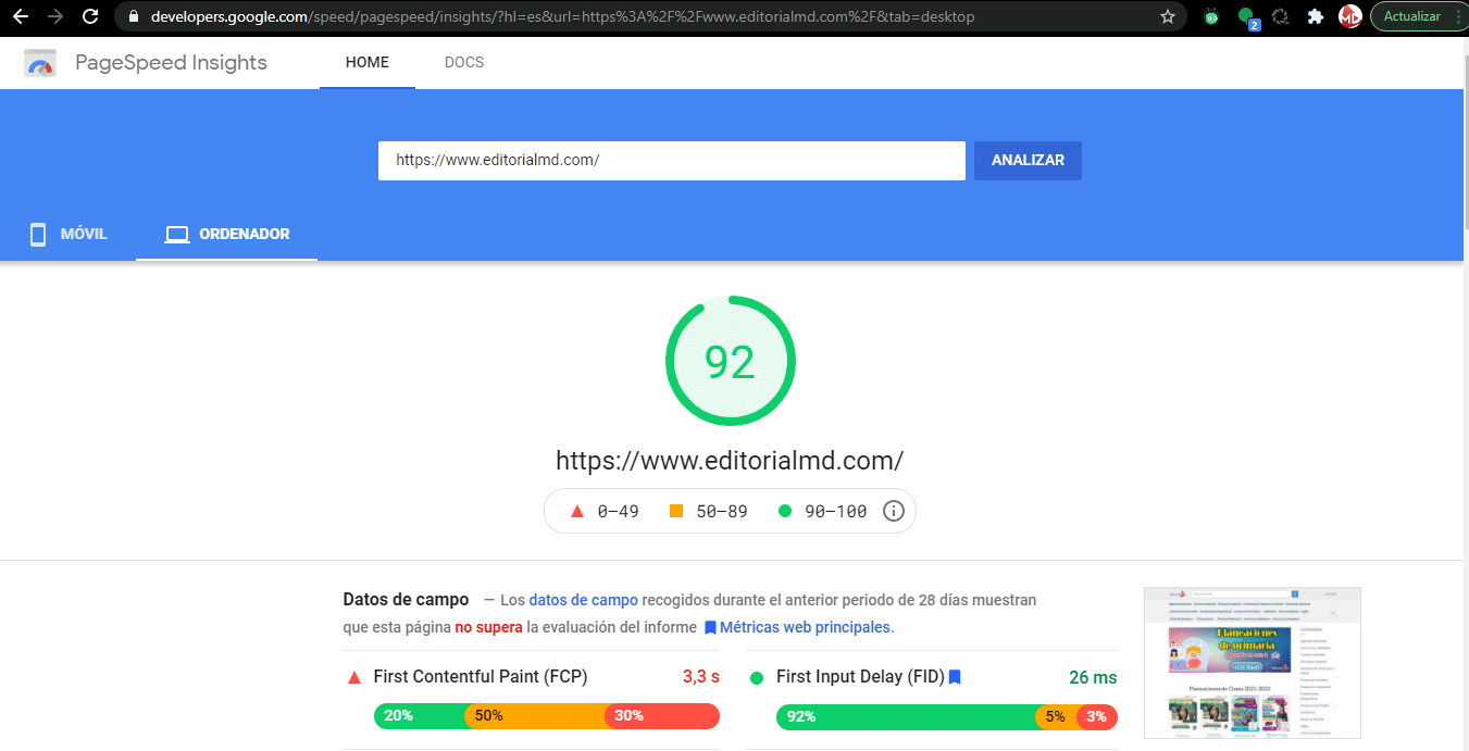Puntuación en Google PageSpeed Insights